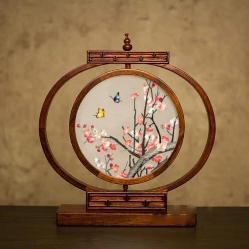 Handmade Double-Sided Embroidery Ornament, Suzhou Silk Fabric with Red Pear Wood Frame, Traditional Chinese Home Décor, Exquisite Daily Gift & Desk Decoration