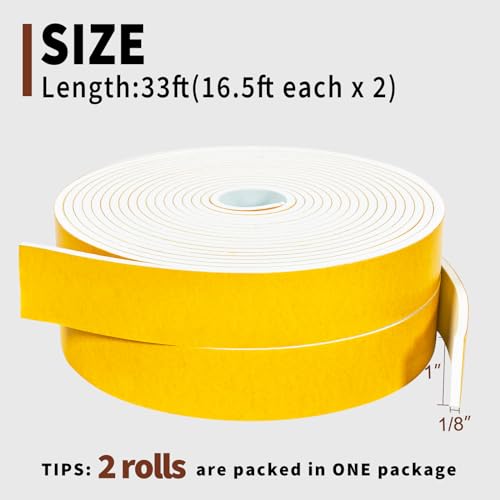 Image of Yotache White Foam Seal Strips Tape 1 inch X1 /8 inch, Total 33 Feet Long | High Density Closed Cell Foam, Weather Stripping for Doors and Windows Insulation, 2 X 16.5 Ft Each