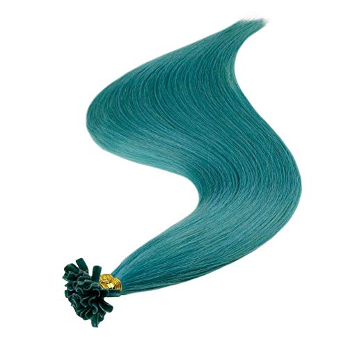 Nail Tip Remy Hair Extensions, 14 Inches Teal Color 20g 25 Strands 0.8g per Strand Keratin U Tip Hair Pre Bonded Extensions Fusion U Tip Hair Extension Human Hair for Women