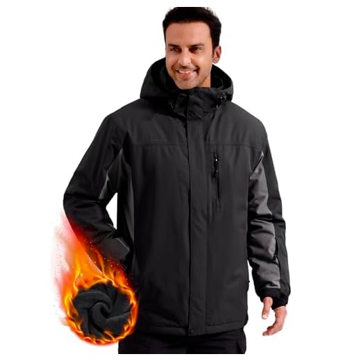 FREE SOLDIER Men's Waterproof Ski Snow Jacket Fleece Lined Warm Winter Rain Jacket with Hood(Black Gray,L)