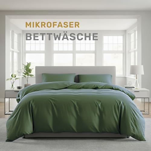 Lavea® Bettwäsche Set 155x220 (1X) + 80x80 (1X) Olivgrün aus Mikrofaser...