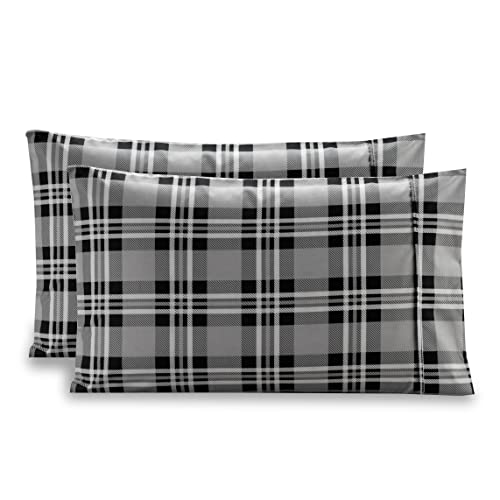 Valerian Plaid Printed Pillowcases 2-Piece Set Egyptian Quality 1500 Thread Count Timeless Classic Designs Soft and Smooth Weave, Wrinkle Resistant, Plaid King Pillowcase, Gray - image 2