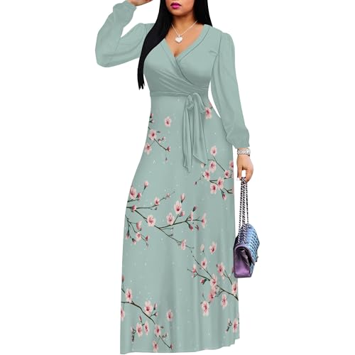Image of PinkPatty Women's Long Sleeve Maxi Dress Plus Size Trendy Wedding Guest Dress with Pockets&Belt