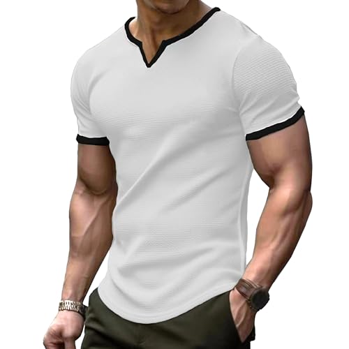 Men Small V-Neck Solid Plaid Comfy T-Shirt Classic Loose Exercise Training Shirts Summer Casual Sport Pullover Tops (White,XX-Large)