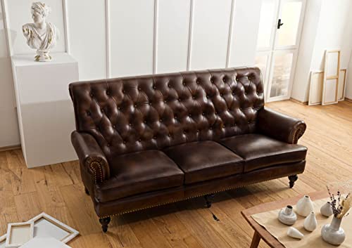 MASSIVMOEBEL24.DE | Chesterfield Sofa 3-Sitzer aus Echtleder #107 | aus echtem Büffel-Leder - Braun | 196x84x94 cm | mit Nieten | Couch Polstercouch 3er Sitzer – Bild 5