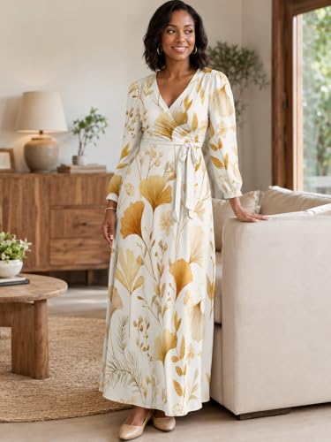 Image of PinkPatty Plus Size Dresses for Curvy Women V Neck Flowy Long Sleeves Wrap Maxi Dress Travel Vacation Outfits