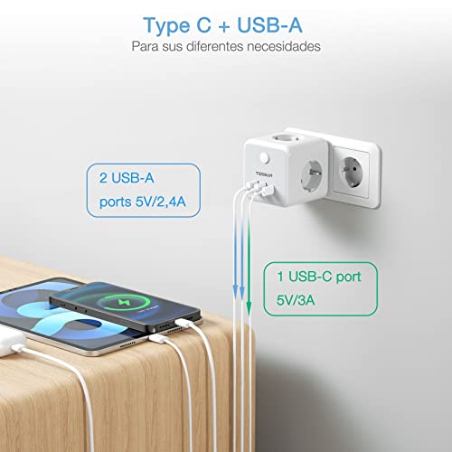 TESSAN Ladron Enchufes con USB C, 6 en 1 Cubo Cargador Ladrón Enchufes, Triple Multiple con 3 USB, Multiple Pared con Interruptor, Regleta Pared Compatible con Phone, Pad, Hogar Oficina - imagen 3