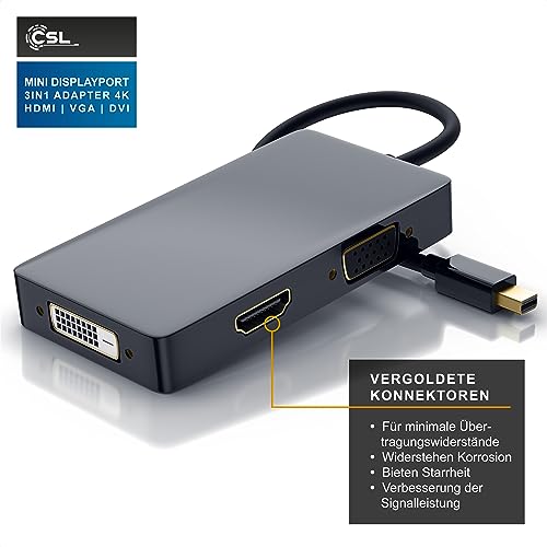 CSL - 4k 3in1 Mini Displayport 1.2 zu HDMI VGA oder DVI Adapter - 3840x2160 UHD 2160p 4k - kompatibel mit PC MAC APPLE ASUS Dell Google Lenovo HP Toshiba Video und Audio-Übertragung - schwarz Hochglanz