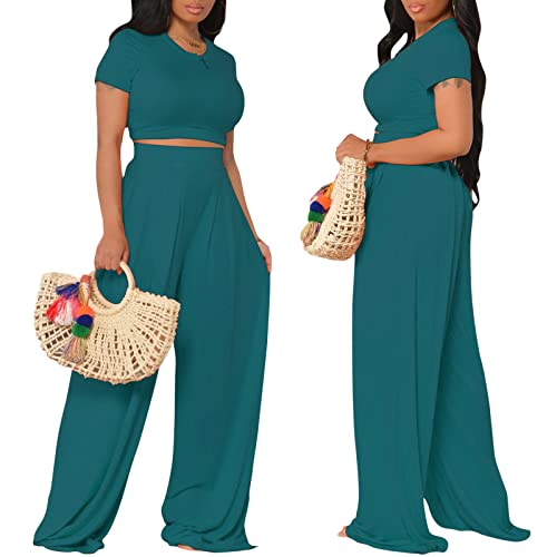 Image of Casual Summer 2 Piece Outfits for Women Crop Top High Waist Pants Sets