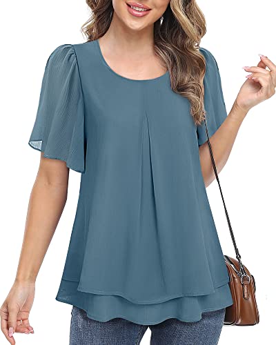 Gaharu Tops Womens Ruffle Short Sleeve Crew Neck Double Layers Chiffon Blouses Loose Fit Flowy Tunic Tops Chiffon Shirts Office Wear Grey Blue,L #TOP2