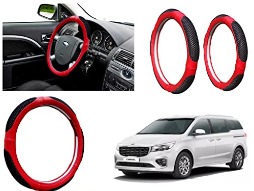 Image of Microfiber Car Steering Wheel Cover, Soft Padding Great Hand Feel, Anti-Slip, Faux Leather Steering Cover for KIa Carnival | Black Red Jali - Pack of 1