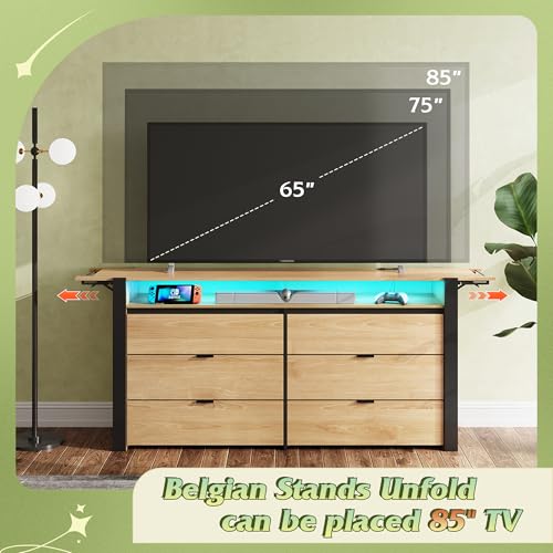 WLIVE 78 Inch Dresser for Bedroom, Long Chest of Drawers Expandable Wood Dresser from 5'3" to 6'5'' with Flexible Shelves and Hanging Rack, Led Dressers for Living Room (85'' TV)