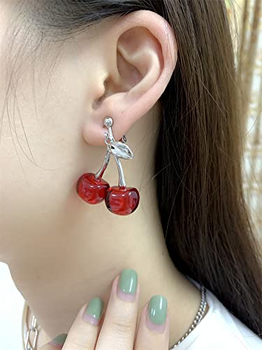 Cherry Fruit Statement Drop Dangle Clip On Earrings for Women Girls Stainless Steel Hypoallergenic No Piercing Ear Cuff Wrap Creative Red Acrylic Lightweight Charms Dangling Jewelry Gifts2