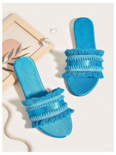 Image of OYOANGLE Women's Fringe Straw Sandals Crochet Open Toe Single Band Flat Slip On Sandals