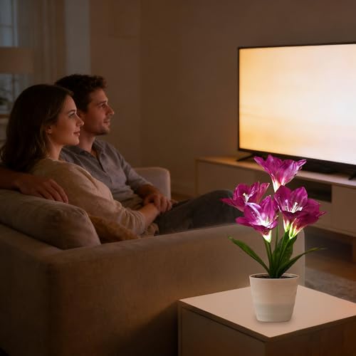 Image of Artificial Purple Lily Flower Lamp - Flower Night Light, Christmas Birthday Gifts for Women Wife Girlfriend Mom Anniversary Bedroom Bar Coffee Shop Night Light Lamp Home Decor
