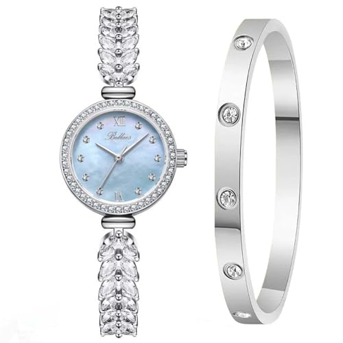Montre à quartz en acier avec cadran nacré et cristaux pour une élégance prestigieuse