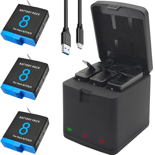 Battery Charger Bundle for GoPro Hero 8 7 6 5 Black - 3 Pack Enduro Rechargeable Batteries Replacement for Go Pro Hero8 Hero7 Hero6 Hero5 Black with Portable Triple Charging Case