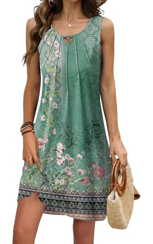 ROFUSSO Sommerkleid Damen Ärmellos Freizeitkleider Sommer Leichte Kleider Blumen Knielang Trägerkleid Casual Strandkleid(Grün,XL)