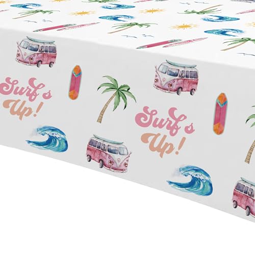 Image of APOWBLS Surf's Up Party Decorations Tablecloth Girls - Disposable Pink Surf Birthday Party Supplies Table Cover, Summer Hawaiian Beach Surfing Birthday Decorations Table Cloth - 3Pack (54in x 108in)
