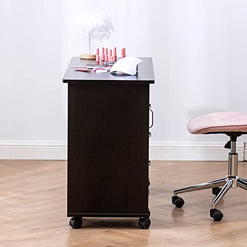 Paddie Manicure Nail Desk For Technician, Acetone Resistant Wooden Salon Spa Nail Table Station W/Cabinet, Drawers, Controllable Wheels & Client Wrist Pad #TOP5