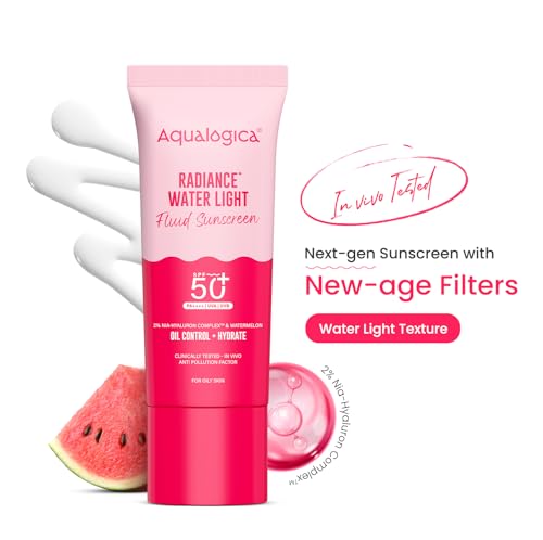 Image of Aqualogica Radiance+ Water Light Fluid Sunscreen - 50g | SPF 50+ PA++++ | In-Vivo Tested | New-age Filters | Ultra-Light Fluid Texture | For Bright & Radiant Skin | Fragrance-Free & No White Cast | 2% Nia-Hyaluron Complex | Broad Spectrum UVA /B & Blue Light Protection | Lightweight | For Men & Women