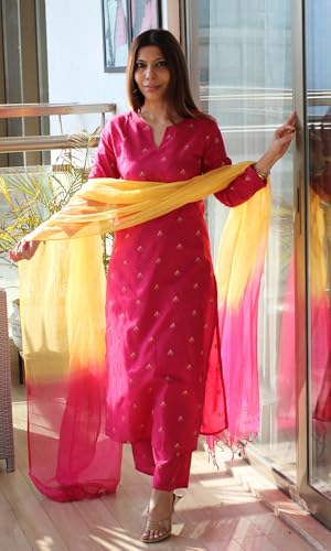 Image of GoSriKi Kurta Sets for Women Viscose Printed | Kurti Set for Woman | Kurta Pant Dupatta Set | Straight Kurti | Round Neck V-Slit 3 /4 Sleeve Suit Set for Women Stylish Ethnic Outfit Clothing