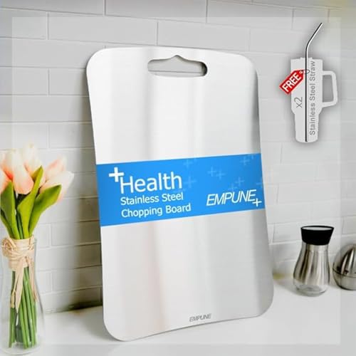 Image of Empune Rectangular Stainless Steel Chopping Board for Kitchen | Free Steel Straw | for Cutting Vegetables, Meat, Fish, Fruits | Unbreakable | Easy to Clean | Medium | 30 x 20 cm