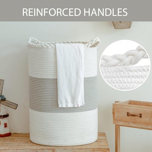 Image of ALBY Woven,Tall Wicker Laundry Basket for Blankets,Clothes,Pillows,Toys,Shoes Large Cotton Laundry Hamper for Bedroom Living Room Bathroom Nursery (12''D x 15''H INCH, GreyA)