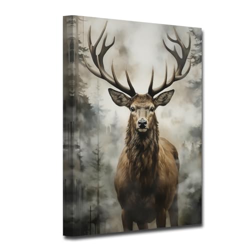Image of LZIMU deer Canvas Wall Art Wild Animal Wall Decor Wildlife Portrait Paintings Prints Vintage Artwork for Rustic Farmhouse Decor Framed (Deer-2, 12.00"x18.00")