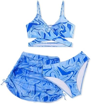 Girls Swimsuits 3 Piece Bathing Suit Allover Printed Criss Cross Bikini Set with Cover Up Skirt Beach Swimwear 7-14 Years