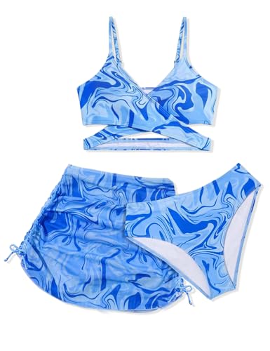 Image of Girls Swimsuits 3 Piece Bathing Suit Allover Printed Criss Cross Bikini Set with Cover Up Skirt Beach Swimwear 7-16 Years