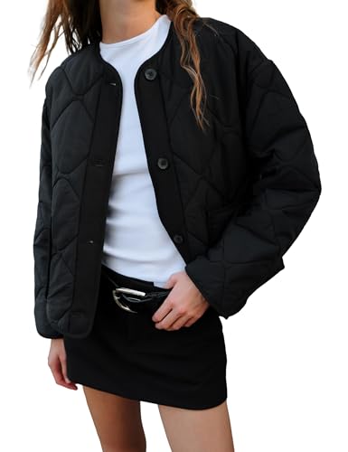 Womens Lightweight Quilted Jackets Button Down Crewneck Padded Coat Warm Outerwear