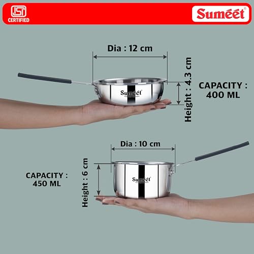 Image of Sumeet Cook Smart ISI Certified Tri-Ply (Steel - Aluminium - Steel) Set of 3 Pcs Mini FryingTadka Pan 400ml - SauceTadka Pan 450ml with Silicon Grip | Induction & Gas Friendly | 2.5mm Thick, Silver