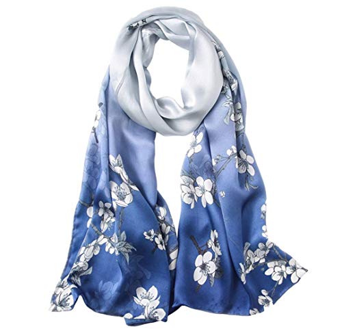 100% Mulberry Silk Long Scarf for Women Large Shawls for Headscarf and Neck- Oblong Hair Wraps with Gift Packed (Blue&White Plum Flowers)