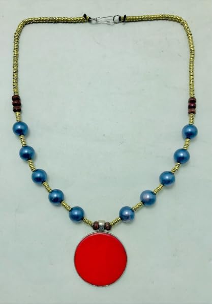 Metal and Wooden Beaded Chain Pendant Necklace | Handmade Light Weight Pendant Necklace | Ethnic Beaded Boho Bohemian Jewelry | Rustic Vintage Tribal Costume Jewelry | Traditional Bold Afghan Indian Jewelry for Women | Statement Gypsy Nomadic Vintage Jewelry