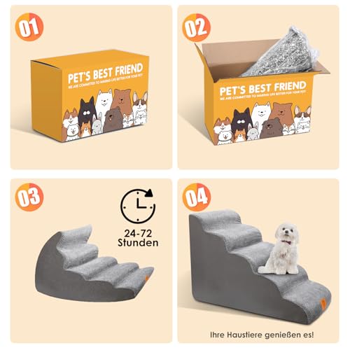 Zvonema Hundetreppe, Hundetreppe für Kleine Hunde, rutschfest Hunde Treppe 5 Stufen, Haustiertreppe mit hochdichtem Schaumstoff, waschbarer Hunderampe, Katzentreppe reduziert Stress auf Tiergelenke