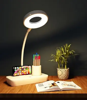 fizzytech 360? Flexible Desk Lamp Light - Advanced Pen & Mobile Holder, Modern Touch Switch, All-In-One Adjustable Table Lamp For Reading, Studying & Office (White 03), Led
