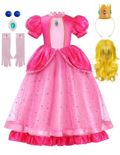 Spooktacular Creations Halloween Pink Princess Dress, Kids Princess Dress Up Set, Peach Crown Costume for Girls Toddler Halloween, Birthday, Roleplay Party (Small, 5-7 yrs)