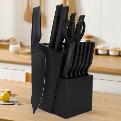 Knife Set, 14Pcs Kitchen Knife Set with Block Self Sharpening, High Carbon Stainless Steel Ultra Sharp Knives for Kitchen, 6 Steak Knives, Anti-slip Handle, Black, Elegant Gifts (Black) - image 8