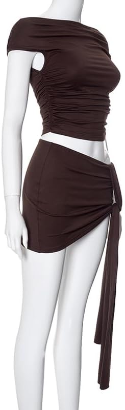 Women's 2 Piece Outfit One Shoulder Sleeveless Crop Tops with Ruched Bodycon Mini Skirt for Party Clubwear - Image 5