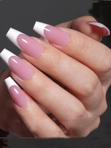 White French Tip Press on Nails Long Fake Nail Kit, 30pc Coffin Nails Press ons Acrylic Nails French Stick Nails Coffin Nail Tips Pink False Artificial Nails Long with Adhesive Tab File Tool