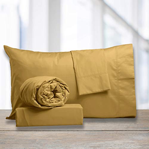 Color Sense- 600 Thread Count-Rich Cotton Sateen- 4 Piece Sheet Set-Flat Sheet-Fitted Sheet- 2 Pillowcases-Queen Size- Gold Color