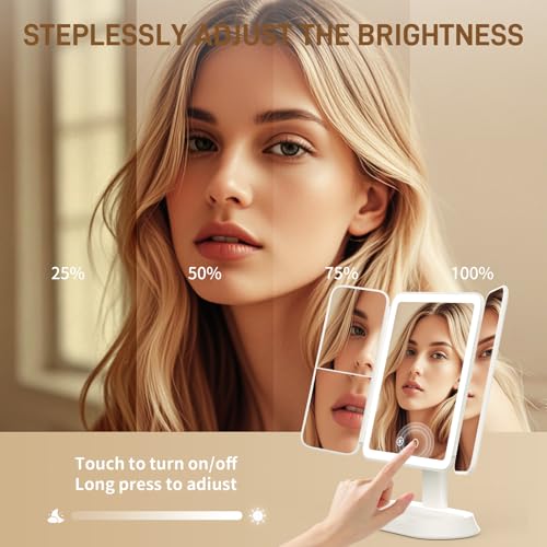 Makeup Mirror with Lights, 1X/3X/5X Magnification Vanity Mirror, 3 Colors Dimmable Soft Light 360° Rotation Smart Touch | Rechargeable Portable Trifold Mirror for Travel/Dorm/Room, Gift for Women - Image 6