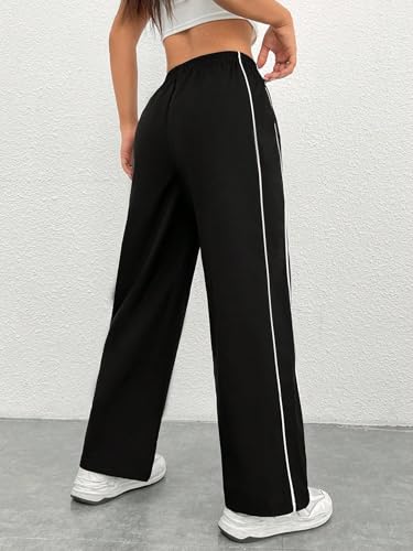 Image of Women Casual Loose Fit Track Pants High Waist Elastic Waistband Straight Wide Leg Trousers with Side Piping, Gym Yoga Running Athletic Sweatpants Comfortable
