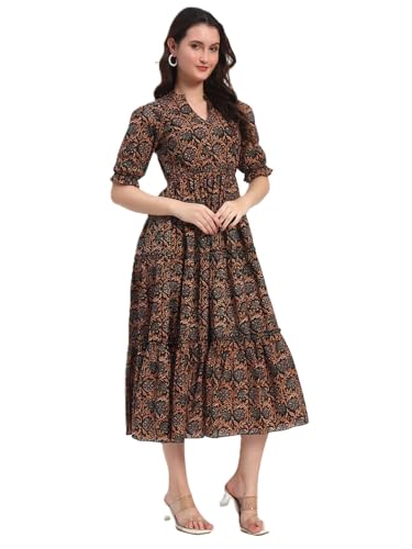 Image of Women's Fit and Flare Dress I Pure Cotton Long Summer Maxi Dress I V-Neck I Casual Wear I Printed Kalamkari Floral Middi