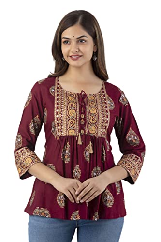 Image of DMP FASHION Women's Rayon Classic Printed Boota Top with Beautiful Tassels and Buttons at Front Black