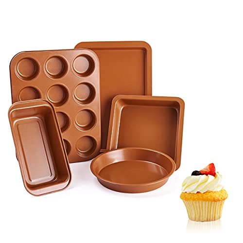 Vplus Bakeware Sets 5 Pcs Nonstick Carbon Steel Baking Include Round Cake Pan, Loaf Pan, Cookie Sheet, Square Pan, and 12 Cups Muffin Pan