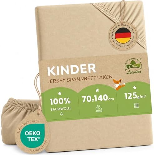 leevitex Kinder Spannbettlaken, 70x140cm, Für Babybett & Kinderbett, 1er Set, 100% hochwertige Mako-Jersey-Baumwolle, Sand/Beige