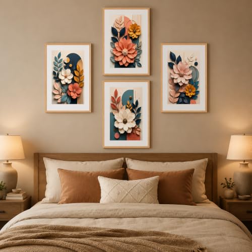 Image of Livin'luxe Set of 4 3D-Effect Floral Botanical Wall Paintings with Sparkle Laminate and Premium Wooden Synthetic Frame for Living Room Bedroom Office Decor (13.5 x 19.5 Inch)