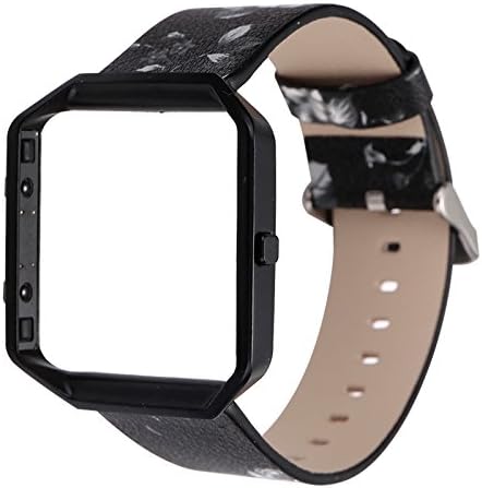 YOSWAN Replacement Band for Blaze, Watchband Floral Soft Leather Strap Replacement Watch Band Wristband Bracelet Strap and Frame for Blaze (Black Gray+ Black Frame)